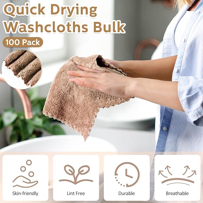 Newwiee 100 Pcs Washcloths Quick Drying Bathroom Wash Clothes 12 x 12 Inch Face Towels Microfiber Soft Wash Rags Bulk for Your Face and Body Facial Towels for Spa Fingertip Towel(Brown)
