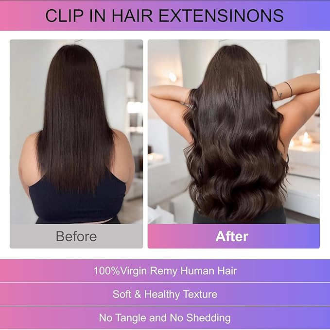 Dark Brown Clip in Hair Extensions, 20 Inch 105g, 2 Dark Brown Hair Extensions Real Human Hair, Invisible Seamless Remy Human Hair Clip Extensions for Women 8pcs Per Set with Double Weft