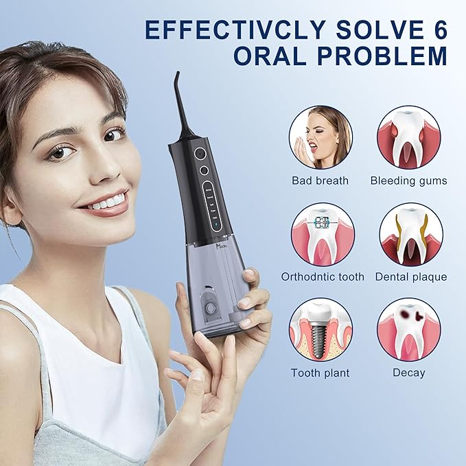 Water Dental Flosser OLED Display Cordless Teeth Cleaning MOCEL 5 Modes Oral Irrigator 300ML Portable and USB C Rechargeable IPX7 Waterproof Floss Teeth Pick (Black)