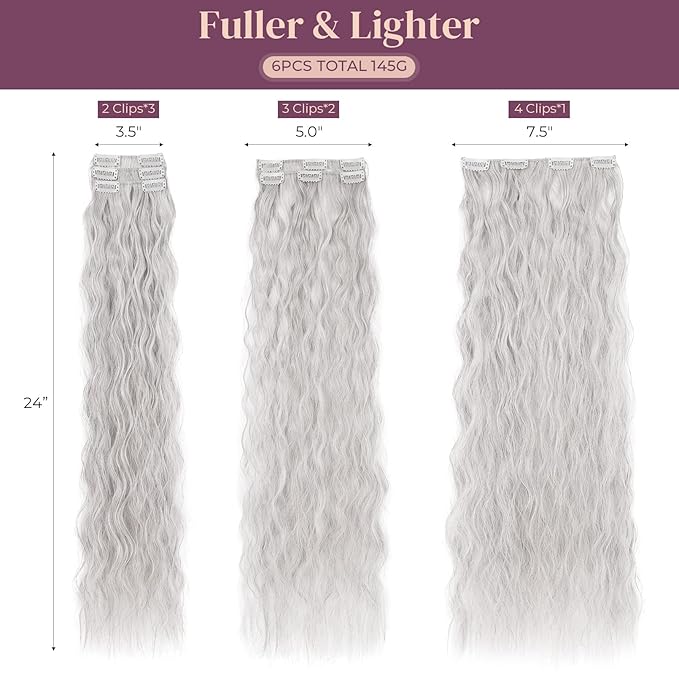 LONAI Clip In Hair Extensions, 6PCS Curly 24" Long Synthetic Clip On Hairpiece For Women-Grey/Silver/White Mixed
