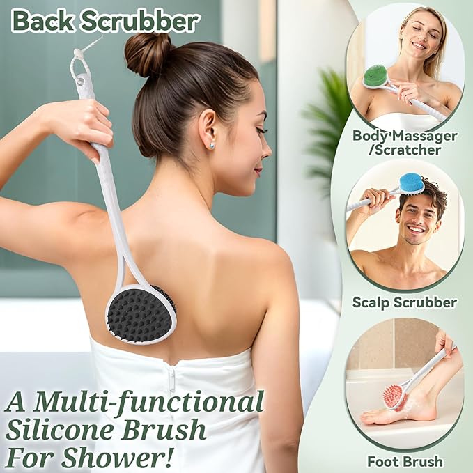 Silicone Back Body Face Scrubbers Set 4PCS, 15.35’’ Back Scrubber Soft Body Scrubber for Dual-Side Usage, Easy-to-Hold Soft Bath Glove & Face Scrubber for Good Foaming Deep Cleaning(Black)