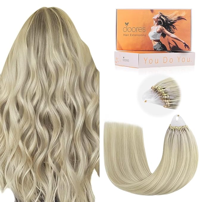 DOORES Microlink Hair Extensions Human Hair, Ash Blonde Highlighted Platinum Blonde 22 Inch 50g/50s, Micro Ring Hair Extensions, Straight Hair