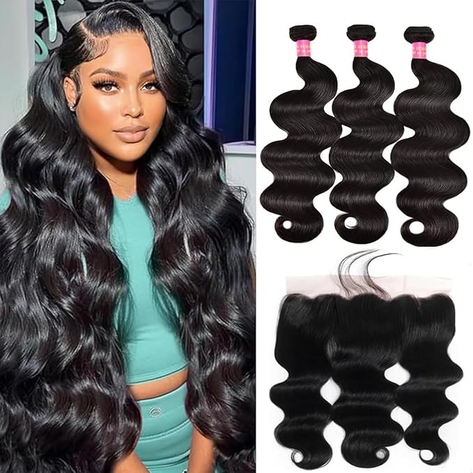 12A Body Wave 3 Bundles with Frontal Human Hair Bundles with 13x4 Lace Frontal (18 20 22+16 Inch) Brazilian Body Wave Hair Virgin Hair Ear to Ear 13x4 Frontal Natural Black