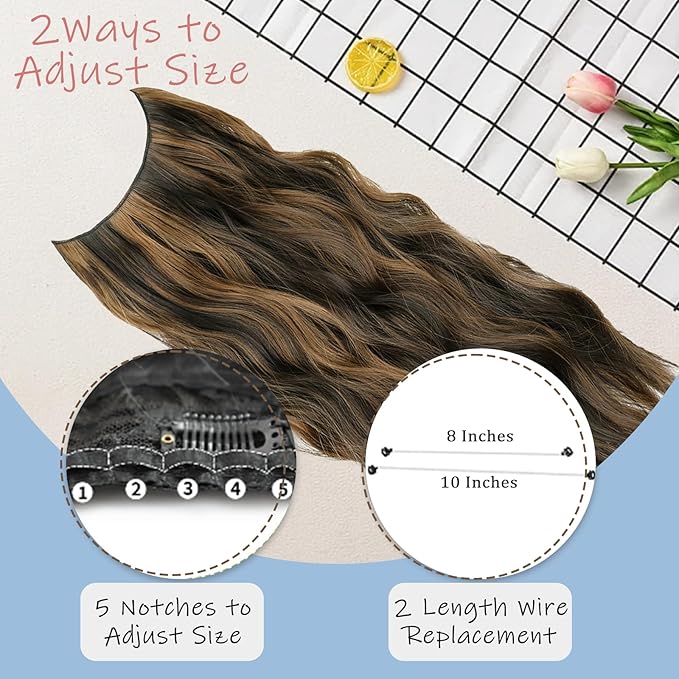 Brown Highlight Invisible Wire Hair Extensions Long Wavy Synthetic Hairpiece with 4 Secure Clips for Women 20 Inch Clip in Hair Extensions