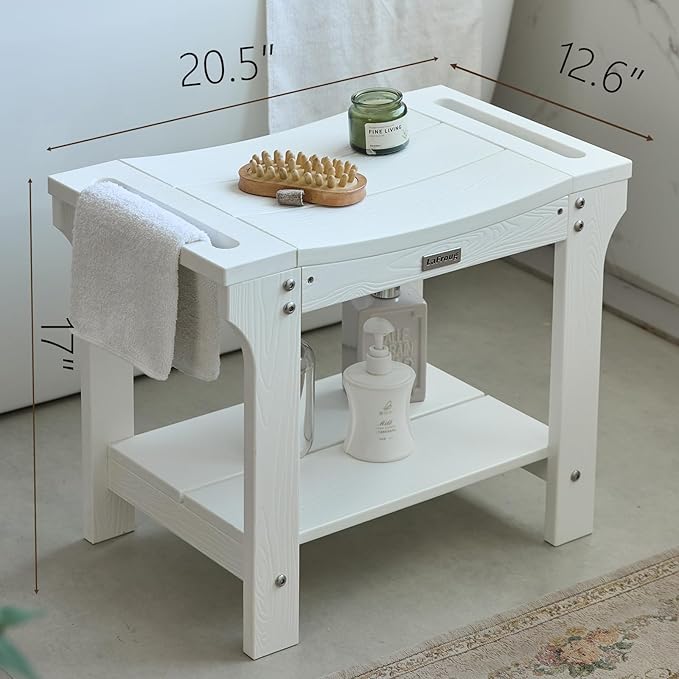 20.5'' Waterproof Shower Stool for Inside Shower, Bathroom Bench for Shaving Legs, HDPS Plastic Spa Bath Chair Seat with Storage Shelf, Foot Rest, Non-Slip, White, Weight Capacity 500LBS
