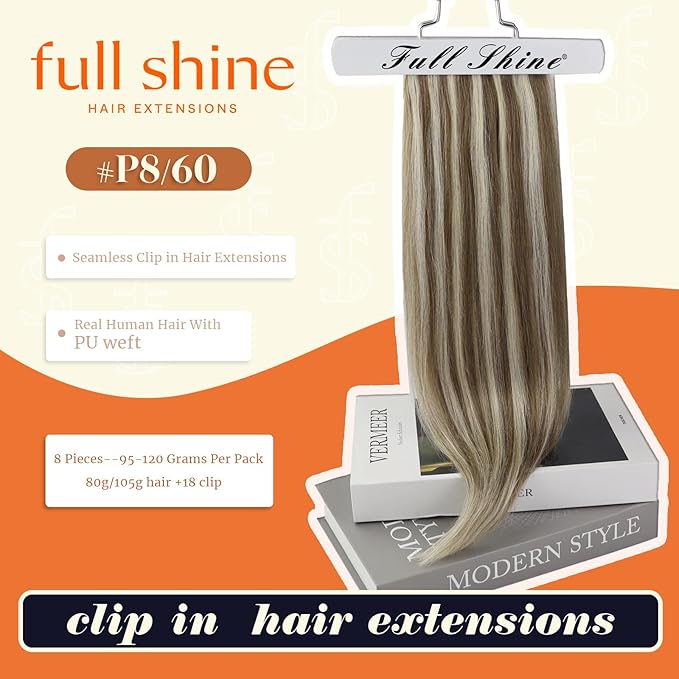Full Shine Seamless Hair Extensions Clip ins 22 Inch Brown Highlights Human Hair Clip in Extensions Light Brown Mix Platinum Blonde Remy Hair Full Head Ease of Use 8 Pcs 120 Grams