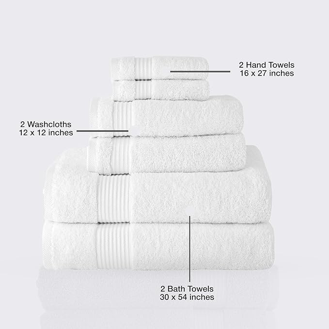 Classic Turkish Towels CTT - Luxury 6 Piece Towel Set, 100% Turkish Cotton, Quick Drying, Highly Absorbent & Comfy, Includes 2 Bath Towels, 2 Hand Towels & 2 Washcloths | (White)