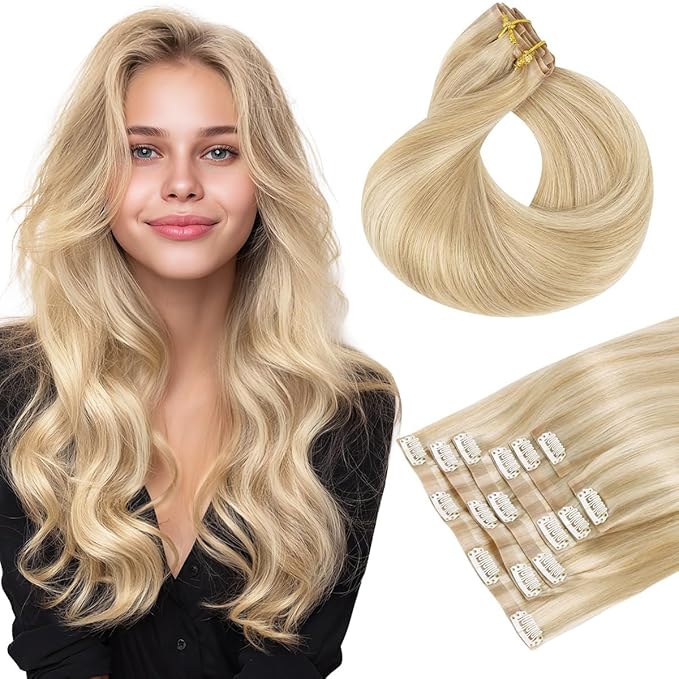 HOTBANANA Seamless Clip in Hair Extensions 14 inch 130g 7pcs Dirty Blonde Highlighted Bleach Blonde Clip in Remy Human Hair Extensions Straight Hair Invisible PU Skin Weft