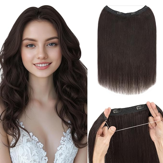 Hairro Wire Hair Extensions Human Hair, Fish Line Invisible Adjustable & Clips in Extensions Straight, 100% Real Hairpieces Seamless Blending for Women, 22 Inch 100g Natural Black