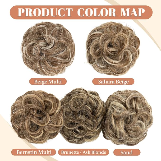 CJL HAIR 2PCS Messy Bun Hair Pieces Wavy Curly Synthetic Updo Chignon Fake Scrunchies Ponytail Extension for Women Brunette/Ash Blonde