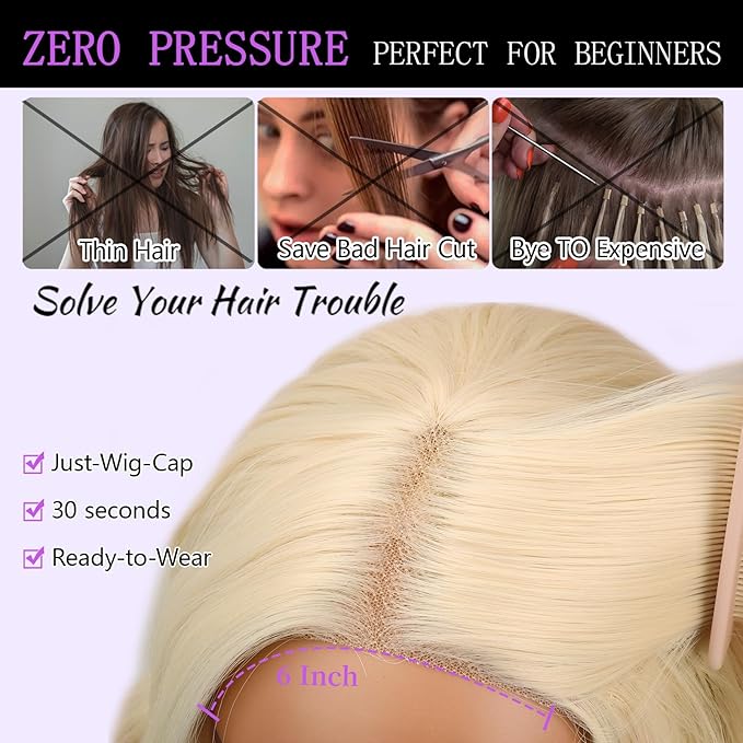 AISI HAIR 14 Inch Platinum Wigs for Women - Shoulder Length Wave Wig with Pre-Cut Lace Hairline, Middle Part Natural Wavy Bob Synthetic Heat Resistant Fiber for Daily and Party