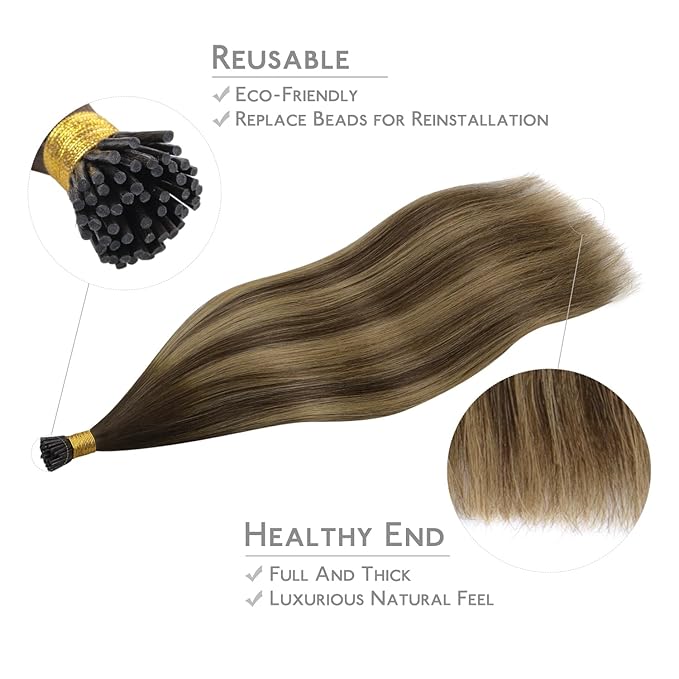 WENNALIFE I Tip Hair Extensions Human Hair, 50g 100s 16 Inch Balayage Chocolate Brown to Caramel Blonde Remy Itip Human Hair Extensions Invisible Itips Straight I Tips Fusion Extension Real Human Hair