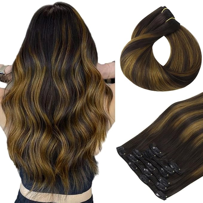 HOTBANANA Human Hair Clip in Hair Extensions, Balayage Dark Brown Mixed Golden Brown 120g Clip in Hair Extensions Real Human Hair Straight Remy Hair Clip Ins 22 Inch 7pcs