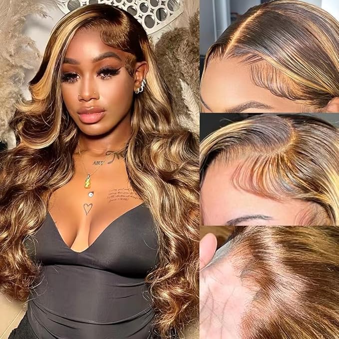 IUPin Highlight Ombre 13x4 Lace Front Wig Human Hair Body Wave Honey Blonde Glueless HD Transparent Lace Frontal Wigs for Women 200 Density Human Hair Pre Plucked with Baby Hair 32 Inch