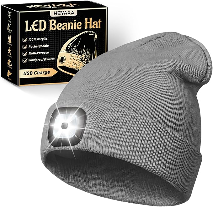 Unisex LED Beanie with Light, Rechargeable Headlamp Hat, Fathers Day Dad Gifts for Men, Warm Knitted Cap Birthday Gifts for Dad Adults Teens Men Women Him