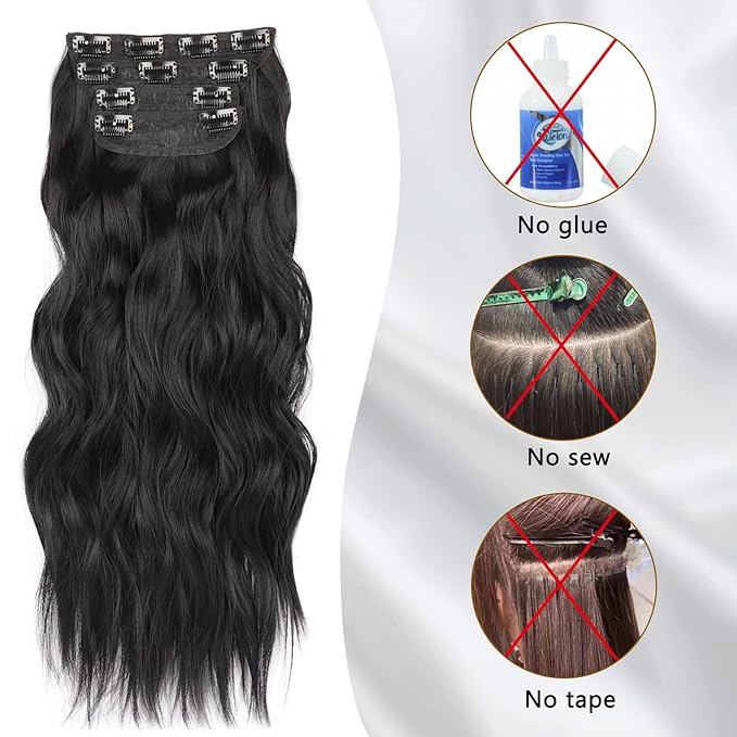 20Inch Jet Black Hair Extensions Clip in Hair Extension for Women 4PCS Long Wavy Hair Extension Clip Ins Thick Hairpieces Double Weft Natural Wave Synthetic Clip on Hair Extensions (20INCH, 1B)