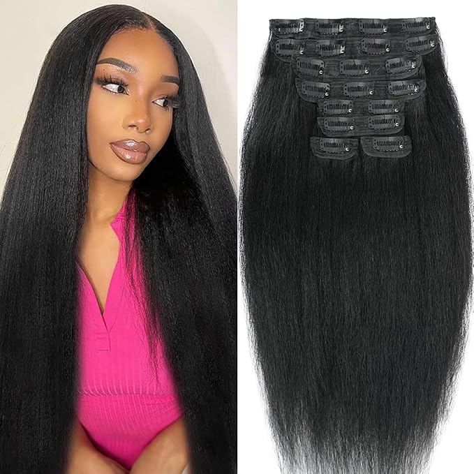 Kinky Straight Clip ins 16 Inch 8Pcs 110g Kinky Straight Clip in Hair Extensions Real Human Hair Brazilian Remy Human Hair Extensions for Women Per Set with 20 Clips Double Weft Natural Black