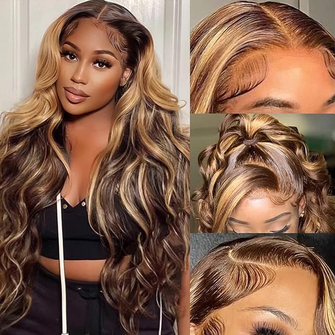 Aicrelery Highlight 4/27 Lace Front Wigs Human Hair 28 inch Ombre 13x6 Body Wave HD Transparent Lace Frontal Wig For Women 180% Density 4/27 Honey Blonde Glueless Wigs Pre Plucked with Baby Hair