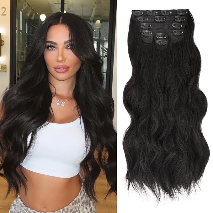NAYOO Clip in Hair Extensions for Women 20 Inch Long Wavy Curly Brown Black Hairpieces Full Head Synthetic Hair Hairpieces(6PCS,Brown Black)