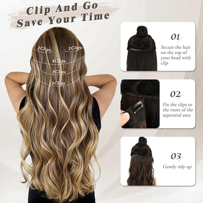 BARSDAR Wavy Clip in Hair Extensions - 20 Inch Highlight Clip in Hair Extensions for Women - 5PCs Thick Soft Synthetic Hairpieces Daily Party Halloween - Brown & Caramel Blonde