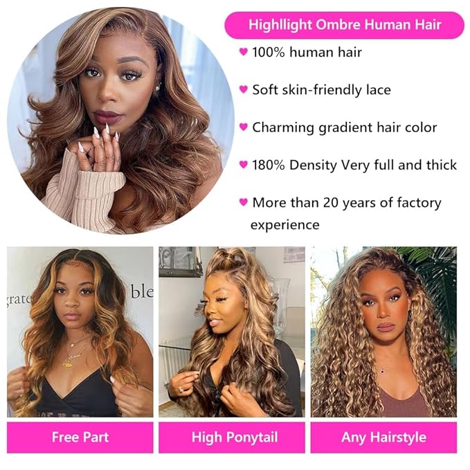 Honey Blonde Lace Front Wig Human Hair 5x5 HD Lace Closure Wigs Human Hair Pre Plucked with Baby Hair 180% Highlight Glueless Lace Front Wigs Human Hair Body Wave Closure Wig(16 Inch)