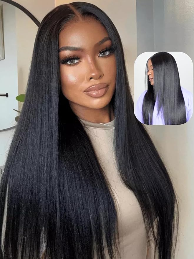 Julia Hair Pre Everything Glueless Wig Human Hair Yaki Straight 13x4 HD Lace with Ear Tape Bye Bye Knots Lace Front Wigs for Women Pre Bleached Invisible Knots Put On and Go Wig 26 Inch