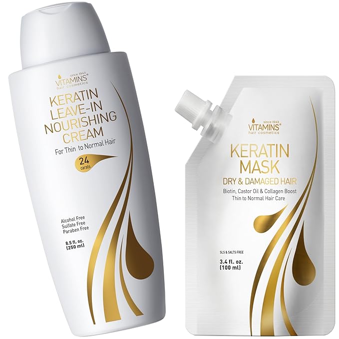 VITAMINS hair cosmetics Keratin Thin Hair Leave-In Conditioner & Hair Mask Travel Kit - Hydrating No Rinse Cream & Deep Conditioning Hair Mask for Thin Fine Hair - Pro Salon Care for Dry Damaged Hair