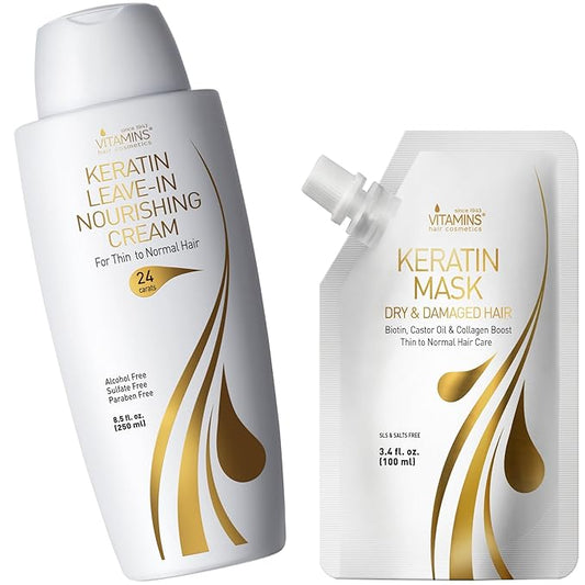 VITAMINS hair cosmetics Keratin Thin Hair Leave-In Conditioner & Hair Mask Travel Kit - Hydrating No Rinse Cream & Deep Conditioning Hair Mask for Thin Fine Hair - Pro Salon Care for Dry Damaged Hair