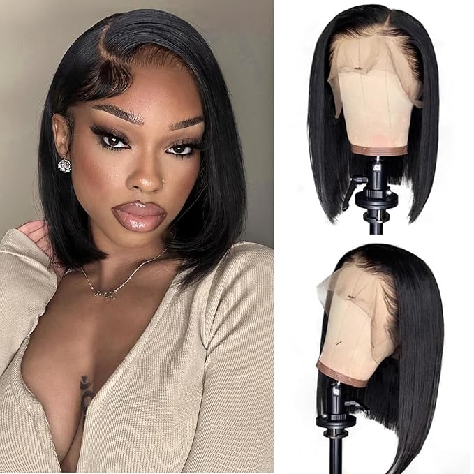 LICHANG 12 Inch Short Bob 13x4 Hd Transparent Lace Pre Plucked 180 Density Straight Lace Frontal Wigs Glueless Wig for Women Natural Hairline with Baby Hair