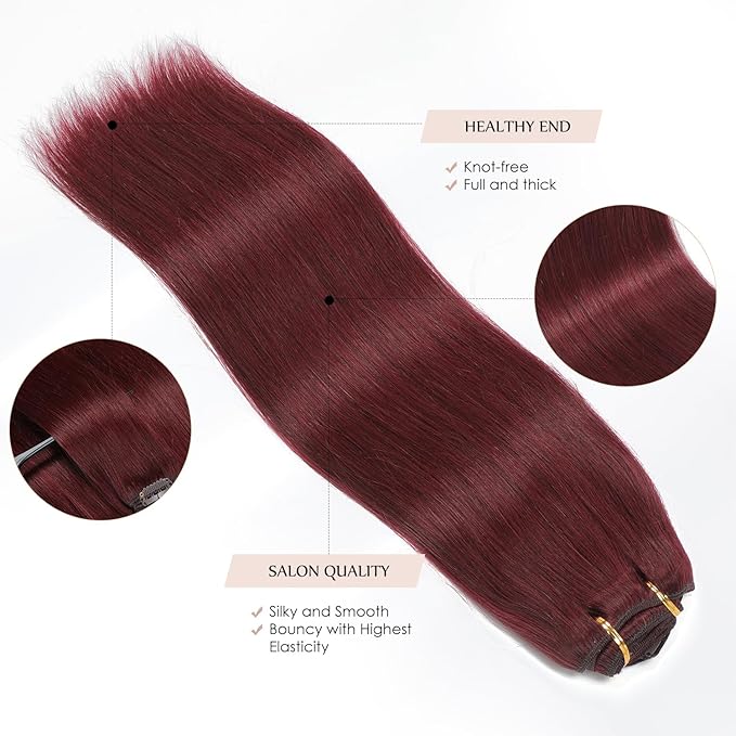 Sisily Clip in Hair Extensions Real Human Hair, 24 inch 180g, Burgundy Red, 100% Brazilian Remy Human Hair Clip in Extensions Soft Straight 7pcs Per Set with 16 Clips Double Weft