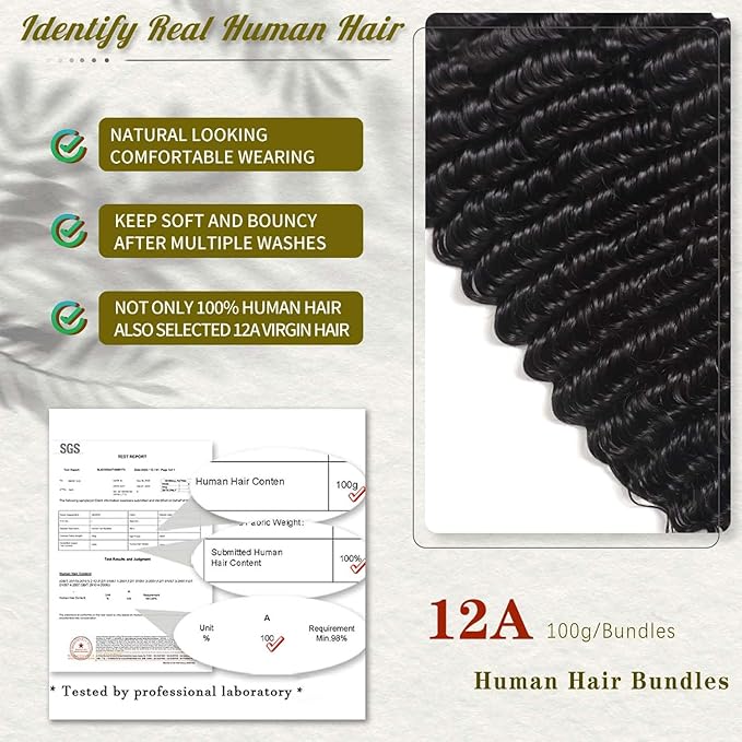 12A Deep Wave Human Hair Bundles 1 Pcs HumanHair 22 Inch Deep Curly Human Hair Bundles 100% Unprocessed Virgin Human Hair Wet and wavy Bundle Natural Black Water Wave