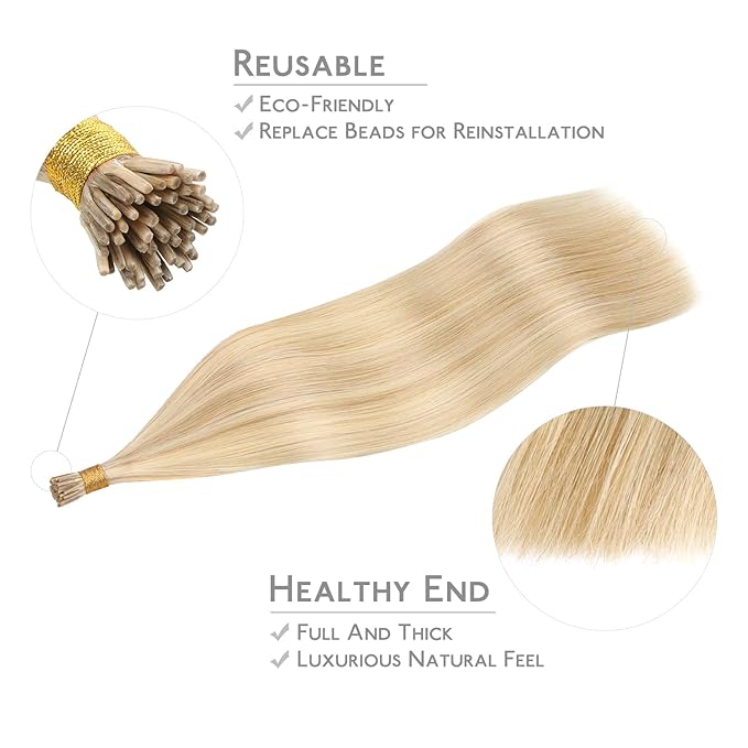 WENNALIFE I Tip Hair Extensions Human Hair, 50g 100s 14 Inch Dirty Blonde Highlighted Bleach Blonde Remy Itip Human Hair Extensions Invisible Itips Straight I Tips Fusion Extensions Real Human Hair
