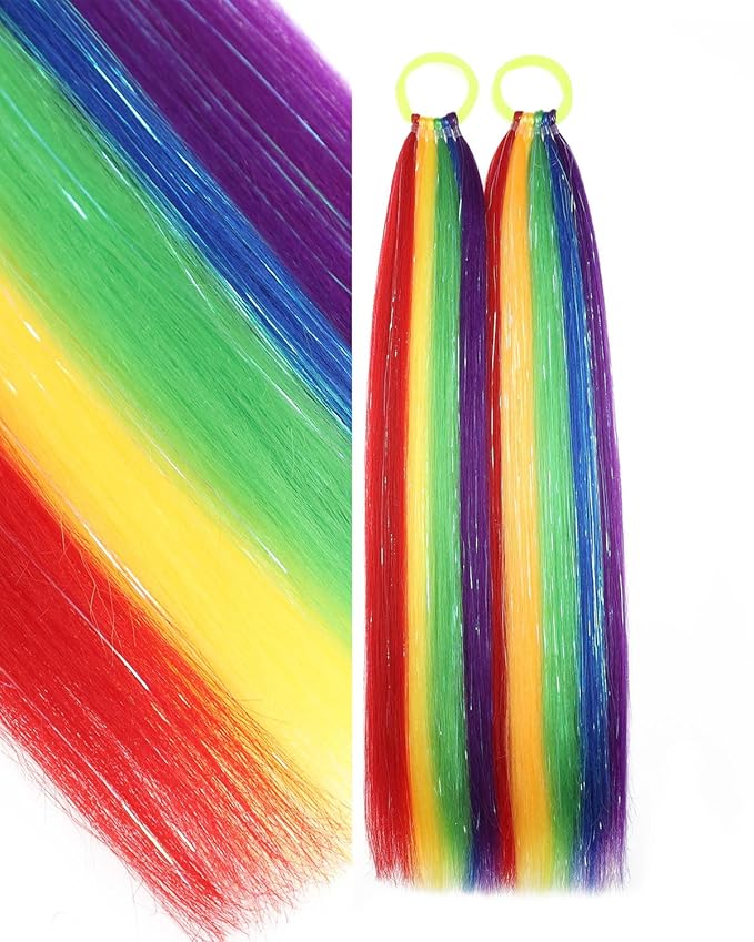 Colored Hair Extensions Rainbow Ponytail Extension 2 Packs, 20 inch Crazy Hair Day Accessories for Women, DIY Festival Wacky Rave Braids,Tinsel Mixed
