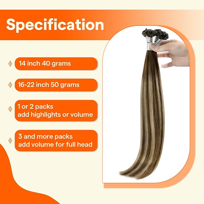 Full Shine U Tip Hair Extensions Human Hair Medium Brown Ombre to Brown and Honey Blonde 14 Inch Remy Hair Prebonded Fusion Extensions 40 Grams Ktip Human Hair Extensions