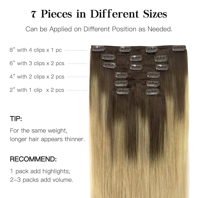 HOTBANANA Human Hair Clip in Hair Extensions, Balayage Chocolate Brown to Dirty Blonde 120g Clip in Hair Extensions Real Human Hair Straight Remy Hair Clip Ins Dark Roots Ombre 16 Inch 7pcs