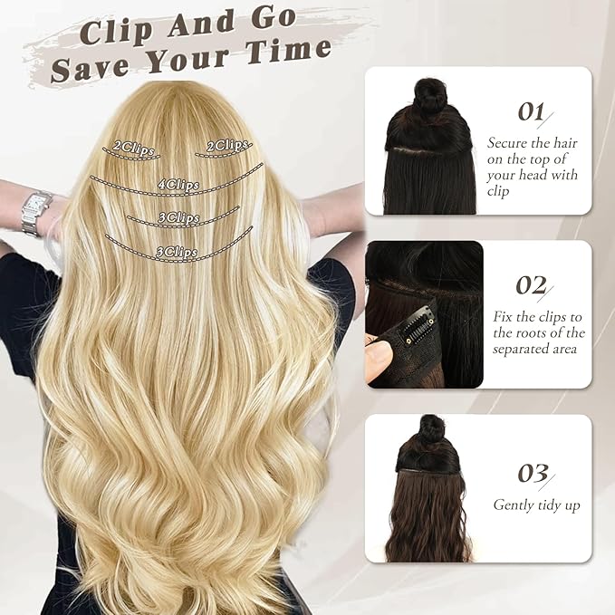 BARSDAR Wavy Clip in Hair Extensions - 20 Inch Golden Blonde Highlight Clip in Hair Extensions for Women - 5PCs Thick Soft Synthetic Loose Wavy Hairpieces – Golden Blonde with Highlights