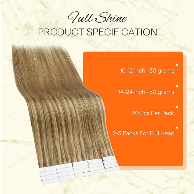 Full Shine Tape in Hair Extensions 14 Inch Remy Seamless Tape Ins Human Hair Extensions Color 10 Golden Brown and 16 Golden Blonde to 16 Blonde 20PCS 50 Grams for Party
