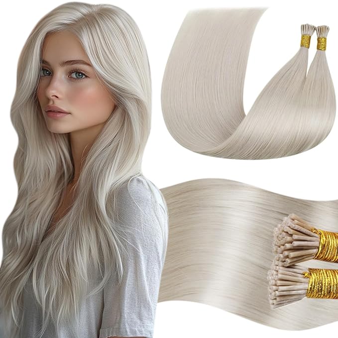 LaaVoo I Tip Hair Extensions Human Hair Platinum Blonde Itip Human Hair Extensions Blonde Cold Fusion Long Straight 50g/50s 24 inch