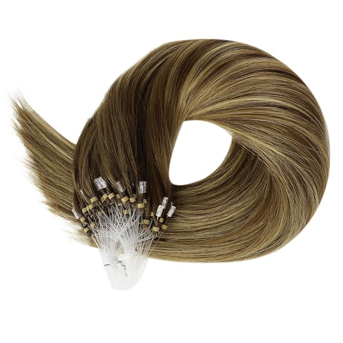 Full Shine Micro Link Hair Extensions Medium Brown to Blonde and Brown Microloop Human Hair Extensions 14 Inch Prebonded Extensions Soft Real Human Hair 50G with 7G Micro Beads