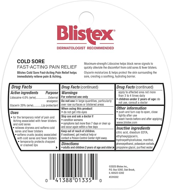 Blistex Cold Sore Fast-Acting Pain Relief Maximum Strength Lidocaine Formula – Cold Sore Symptom Relief Cream – Provides Immediate Relief- 1 Count, 4.25g/0.15oz