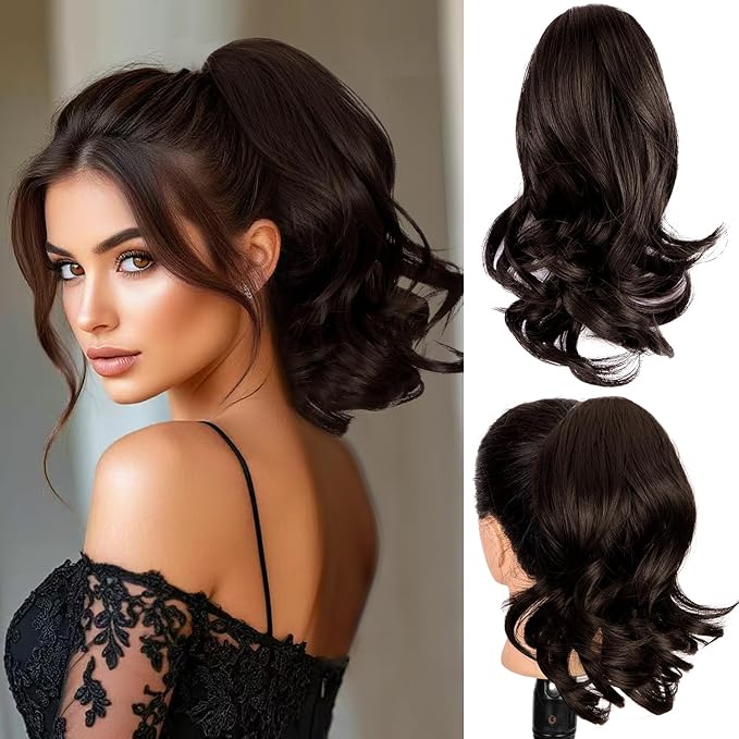 Ponytail Extension, 12inch Curly Wavy Ponytail Claw Clip Ponytail Extension Natural Looking Soft Synthetic Clip on Pony Tails Hairpiece for Women (Brown Black 6#)