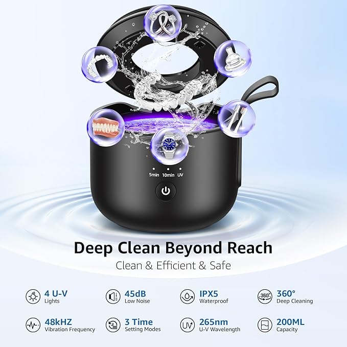 Ultrasonic Retainer Cleaner Machine: 48kHz Rechargeable Cordless Denture Cleaner - Waterproof Ultrasonic Jewelry Cleaner - 200ML Dental Cleaning Pod for Mouth Guard, Aligner, Brown