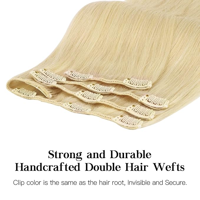 HOTBANANA Human Hair Clip in Hair Extensions, Bleach Blonde Hair Extensions 120g Clip in Hair Extensions Real Human Hair Straight Remy Hair Clip Ins 18 Inch 7pcs