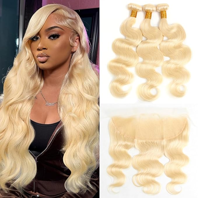 613 Human Hair Bundles with Frontal 16 18 20 + 14 inch Blonde Body Wave Bundles with Closure Human Hair 100% Unprocessed Virgin Human Hair Weave Extensions with 13x4 Transparent Lace Frontal