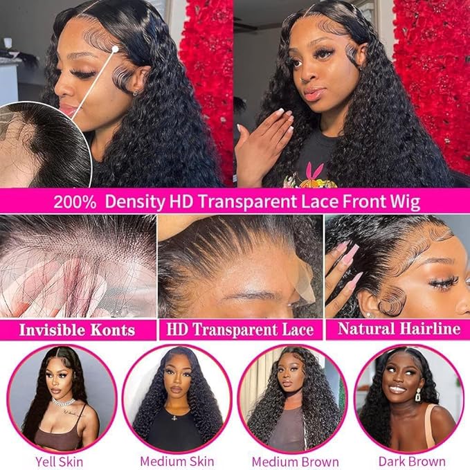 36Inch Deep Wave Lace Front Wigs Human Hair 200% Density 13x6 HD Transparent Deep Curly Lace Front Wigs for Women Pre Plcked Glueless Wigs with Baby Hair