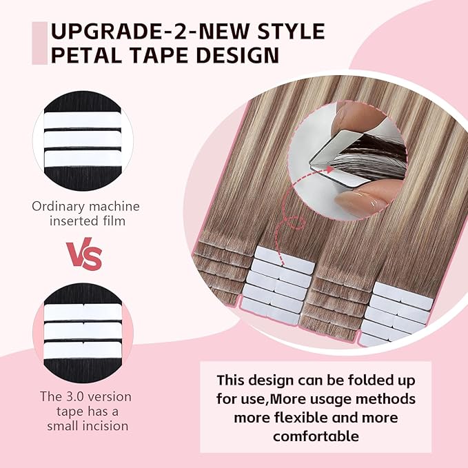 3rd-Generation Invisible Tape in Hair Extensions Real Human Hair #8/60 Ash Brown to Platinum Blonde 20pcs 45g 20inch Injection Hand-Tied Invisi Edge Tape ins Extensions（#8/60-20inch）