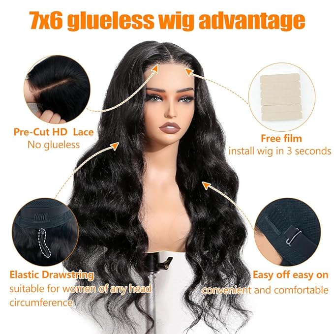 CHEETAHBEAUTY 7x6 Glueless Wigs Human Hair Pre Plucked Pre Cut 20 Inch Body Wave Lace Front Wigs Human Hair for Women 7x6 HD Lace Closure Wigs with Elastic Drawstring 200% Density Natural Color