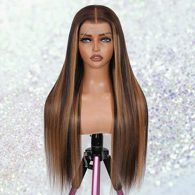 NESMON 34 Inch 13x6 FULL Real SKINLIKE HD Lace Wig Straight 200% Density 0.10mm Ultra-thin Swiss Lace Pre-plucked Bleached Small Knots With Baby Hair P4/27 Highlight Ombre Human Hair Wigs for Women