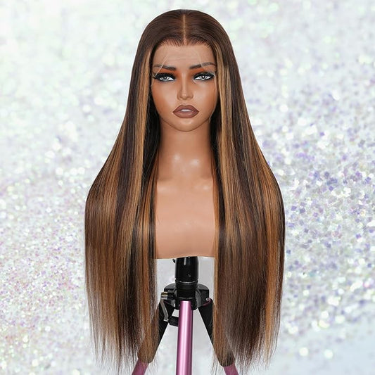 0.10MM Ultra-thin 13x6 Real SKINLIKE HD Lace Wig Pre Plucked Vivid Clean Hairline Small Knots 200 Density Straight P4/27 Highlight Frontal Wigs for Women Human Hair 28Inch Full Cuticle Aligned Hair