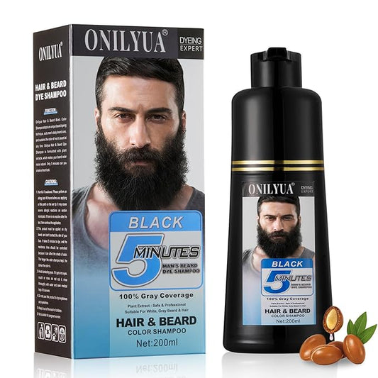 Mens Beard Dye for Men, 5 Minutes Black Beard Dye Shampoo 3 in 1, Mustache & Beard Color for Mens Gray Hair Coverage, Long Lasting & Easy Use, Root Touch Up Simpler Hair Color For Men, 200ML
